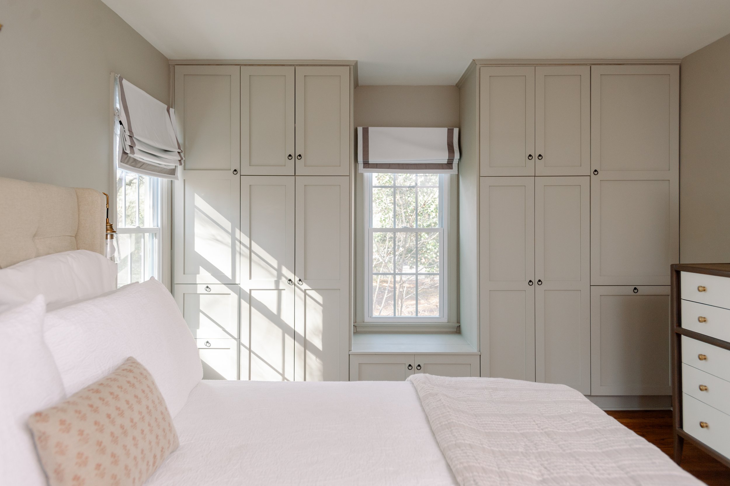 Built In Closets in Bedroom, DIY Ikea Cabinets with Semihandmade Doors, Sherwin Williams Mindful Gray Bedroom