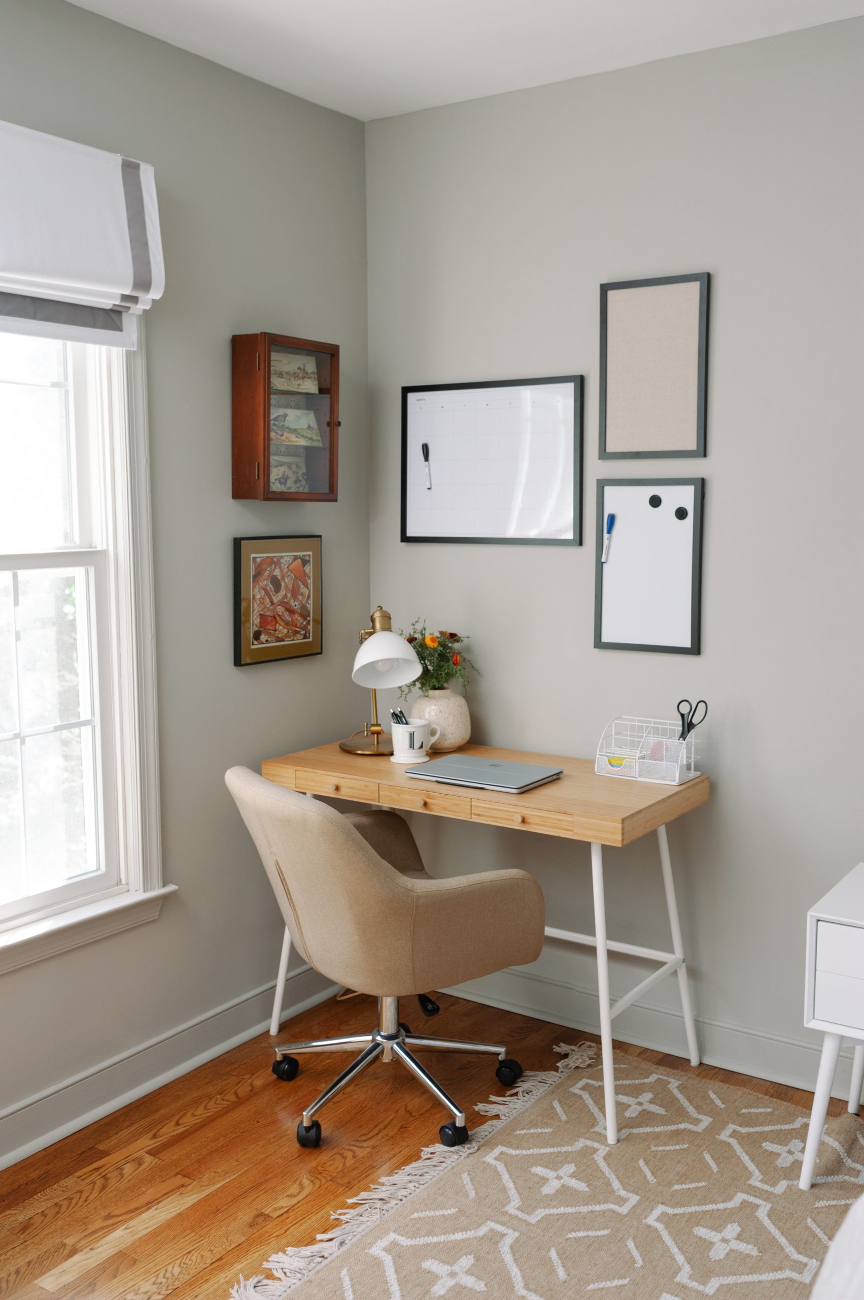 Office in Bedroom, Ikea desk, medium wood tone